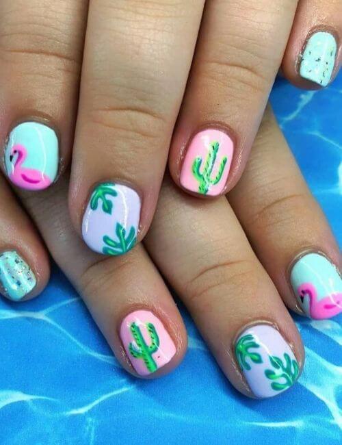flamingos cacti and leaves