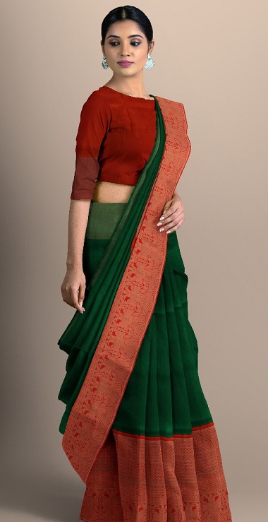 Dark Green South Silk Plain Saree with Contrast Border
