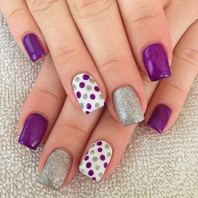 Ecstatic Polka Dots Nail Designs in Purple White and Shimmer