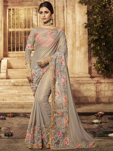 Grey Art Silk Designer Plain Saree with 3D Flower Border