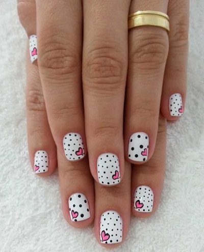 Lovely Cute Polka Dots and Pink Heart Nail Art