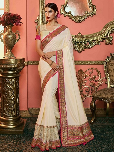 Off White Art Silk Plain Saree with Multi Colored Woven Border