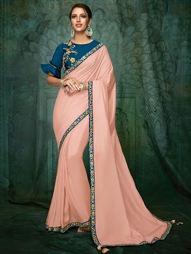 Peach Georgette Plain Saree with With Contrast Floral Embroidered Lace