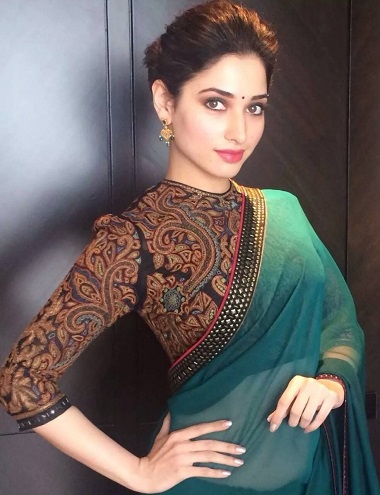 tammana in Full Neck Blouse with plain saree