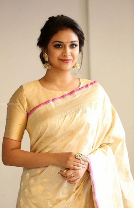 Keerthi Suresh in saree with Round neck blouse