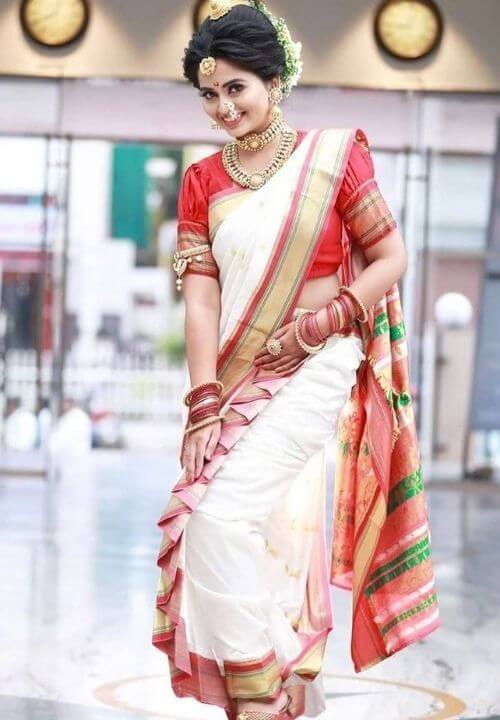 Red & White Silk Peshwari Nauvari Saree
